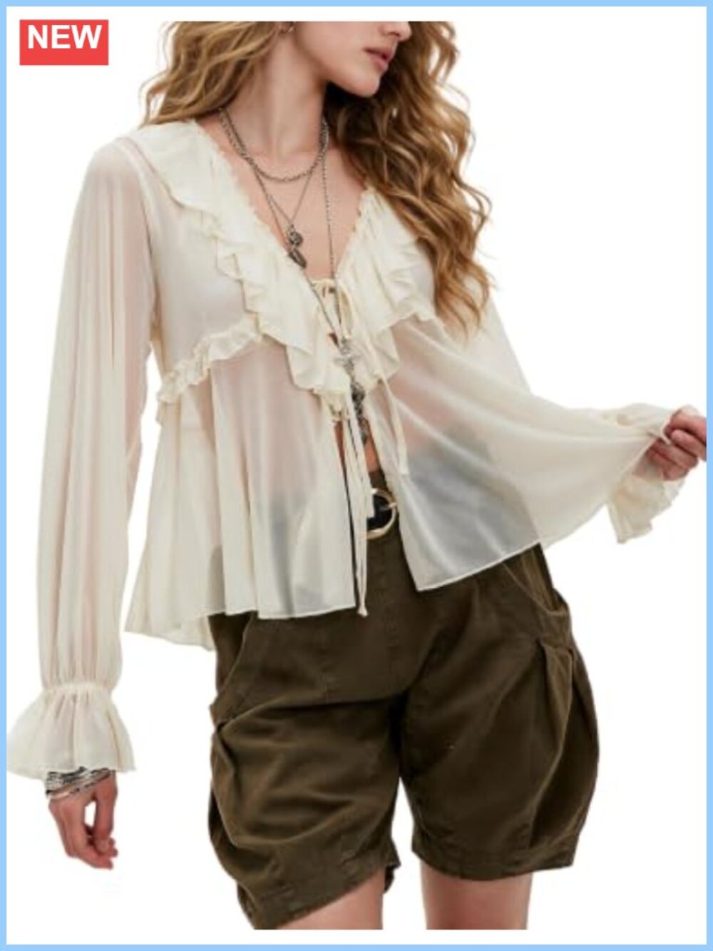 Chiffon Blouse Women Boho Tie Front Bell Sleeve Peplum V Neck Top
